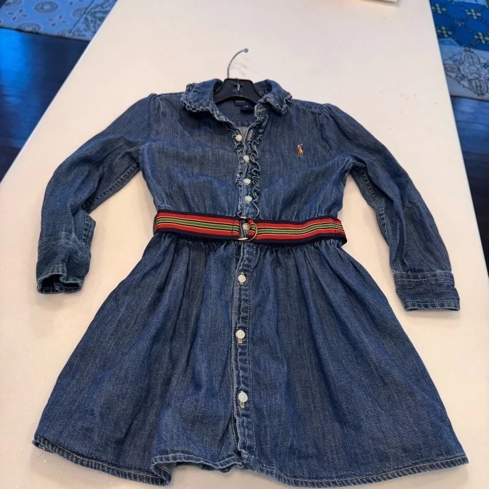 Ralph Lauren Girls Denim Button Up Dress, Long Sleeve Belt Size 5